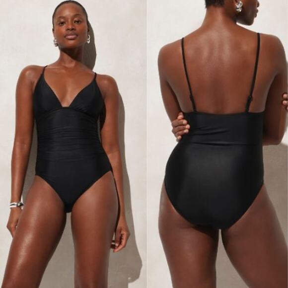 J. Crew Women's V-Neck Ruched Plunge One-Piece Swimsuit BX212 Black Size 6 NWT - Picture 1 of 5